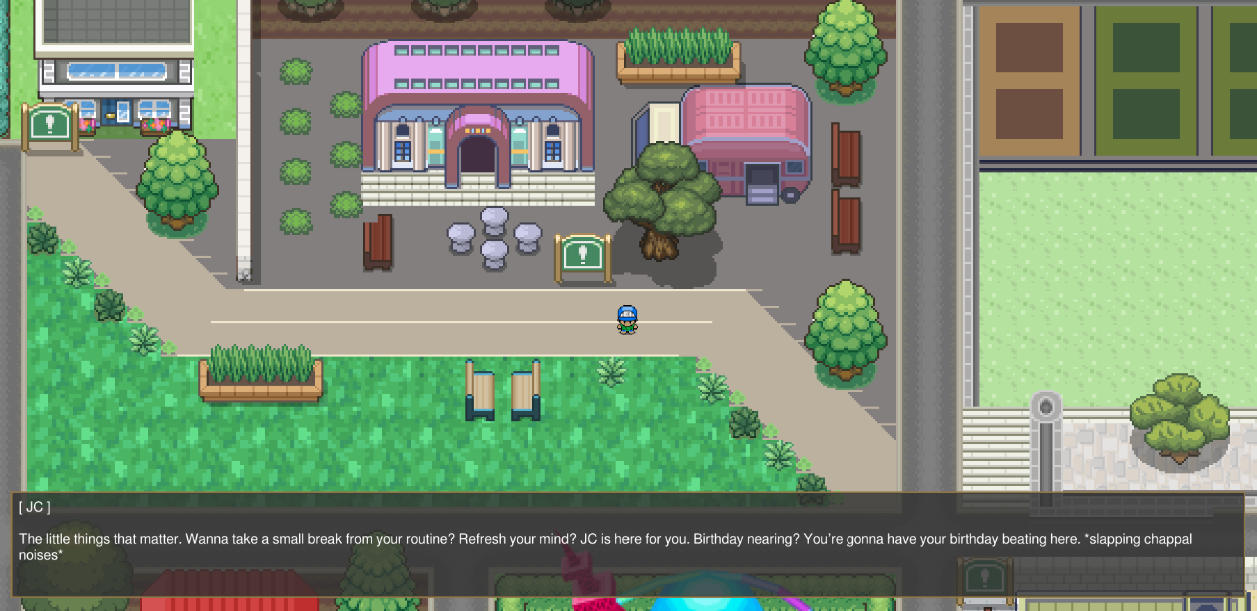 Interactive pixel-art campus scene